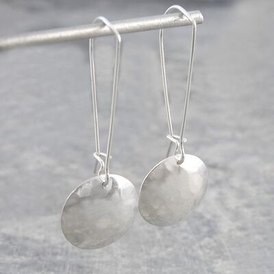 Hammered Disc Silver Long Drop Earrings - Rose Gold