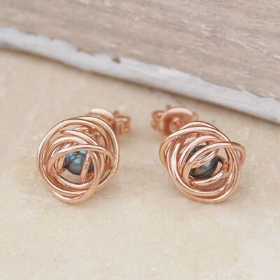 Rose Gold Caged Dark Pearl Stud Earrings. - Stud Earrings & Pendant Set - 18k Rose Gold Plated -