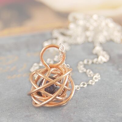 Rose Gold Caged Dark Pearl Necklace - Pendant and Stud Earring Set