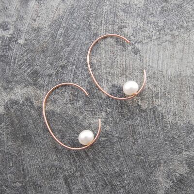 Rose Gold Oval Pearl Hoop Earrings - Sterling Silver