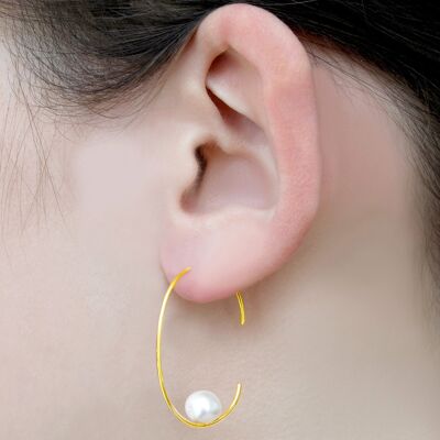 Gold Oval Pearl Hoop Earrings - Sterling Silver