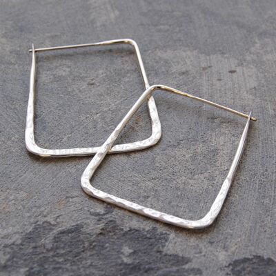 Hammered Square Geometric Silver Hoop Earrings - Sterling Silver