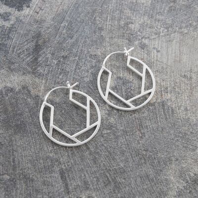 Round Geometric Silver Hoop Earrings - Round Design - 18k Rose Gold
