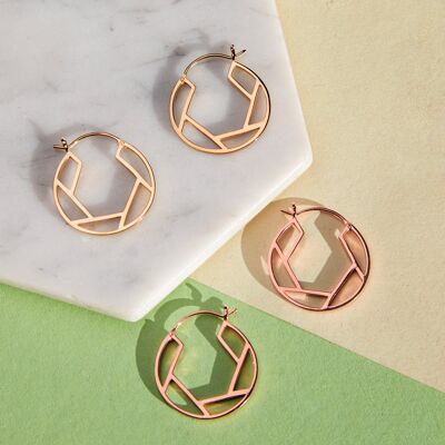 Round Geometric Silver Hoop Earrings - Oval Design - 18k Yellow Gold