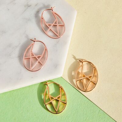 Hexagonal Geometric Silver Hoop Earrings - Oval Design -