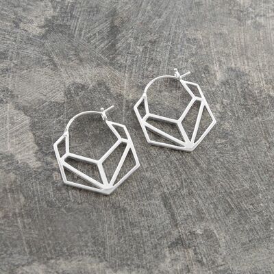 Hexagonal Geometric Silver Hoop Earrings - Round Design -