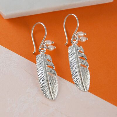 Pendientes colgantes de plumas de plata con perlas - Conjunto de pendientes colgantes y colgantes