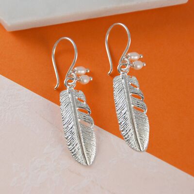 Silver Feather Drop Earrings with Pearls - Drop Earrings & Pendant Set