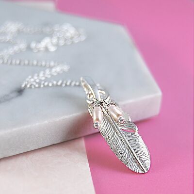 Silver Feather Necklace with Pearls - Pendant Necklace