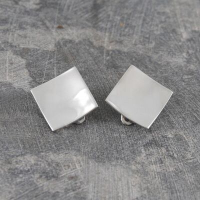 Concave Square Silver Clip On Earrings - Sterling Silver Matt Finish