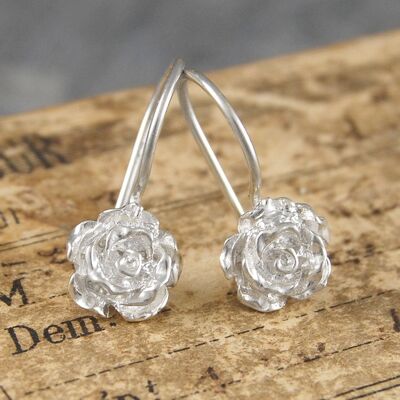 Rose Flower Silver Drop Earrings - Necklace