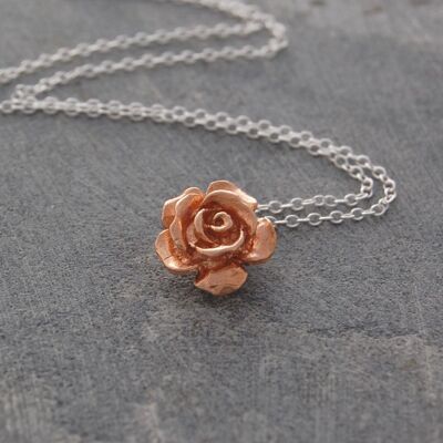 Rose Flower Silver and Rose Gold Pendant - 18k Rose Gold Plated - Necklace+Stud Set