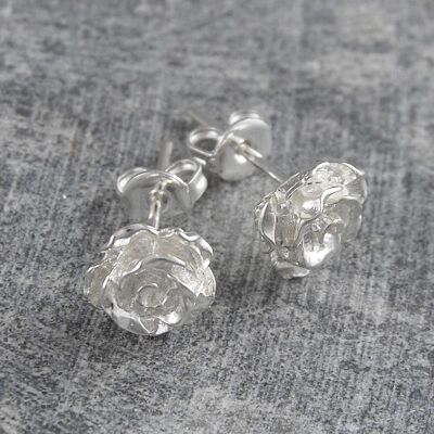 Silver Rose Flower Stud Earrings - Sterling Silver Set
