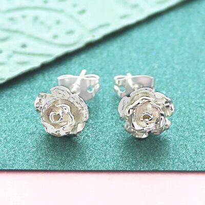 Silver Rose Flower Stud Earrings - Rose Gold Set