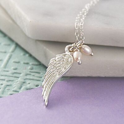 Pearl and Silver Angel Wing Necklace - Drop Earrings & Pendant Set