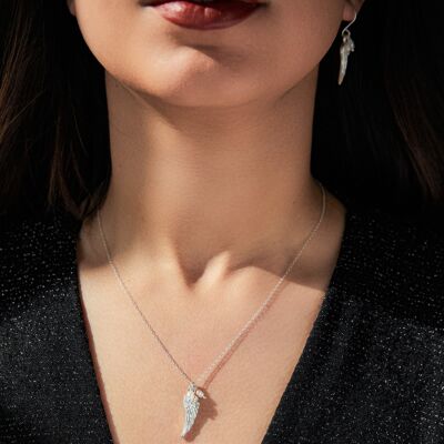 Silver Angel Wing Pearl Drop Earrings - Pendant Necklace