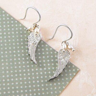 Silver Angel Wing Pearl Drop Earrings - Drop Earrings & Pendant Set