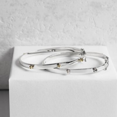 Silver and Gold Raised Screw Silver Bangle - Medium Bangle and Ring Set - Silver/Brass