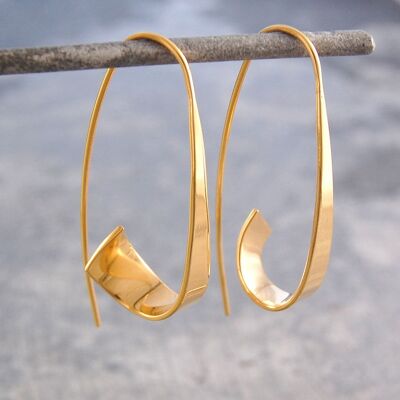 Flared Ribbon Gold Hoop Earrings - Sterling Silver