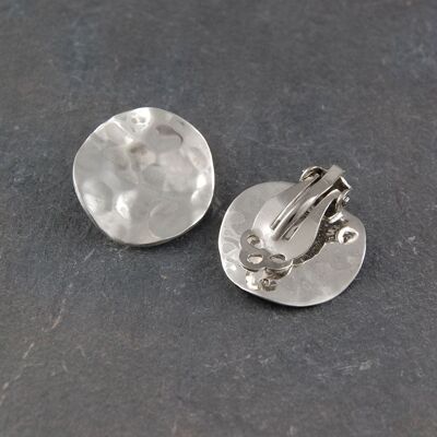 Wavy Textured Disc Silver Clip On Stud Earrings - Sterling Silver Matt Finish