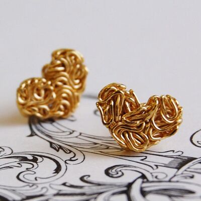 Mesh Heart Gold Stud Earrings - 18K Yellow Gold - Pendant Necklace