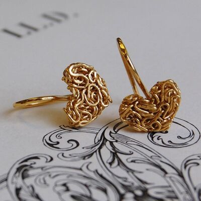 Mesh Heart Gold Stud Earrings - 18K Yellow Gold - Stud Earrings & Pendant Set