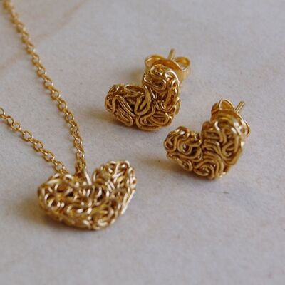 Mesh Heart Gold Stud Earrings - Rose Gold - Pendant Necklace