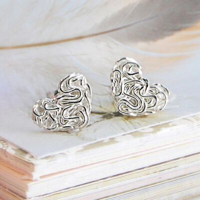 Mesh Silver Heart Stud Earrings - Pendant Necklace