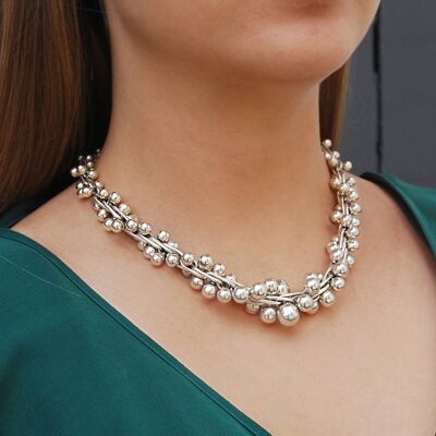 Silver Peppercorn Chunky Statement Necklace - Necklace & Bracelet Set - Necklace 17"