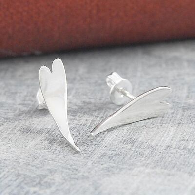 Curved Silver Heart Stud Earrings - Pendant Polished - Polished