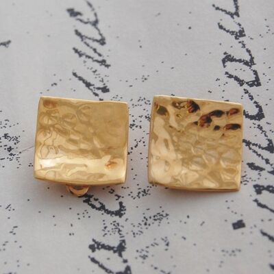 Hammered Square Gold Clip On Stud Earrings - Rose Gold Plain Finish