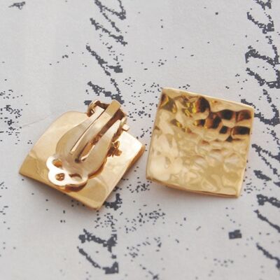 Hammered Square Gold Clip On Stud Earrings - Rose Gold Hammered Finish