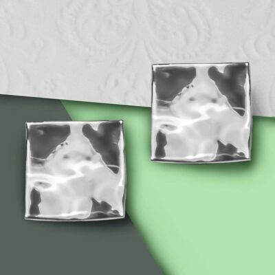 Hammered Square Silver Clip On Stud Earrings - Sterling Silver Hammered Finish