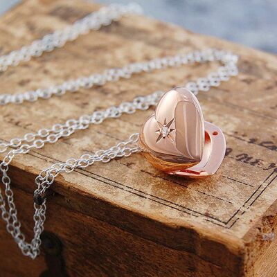 Rose Gold Heart Locket with Pearls - Black & White - Sterling Silver