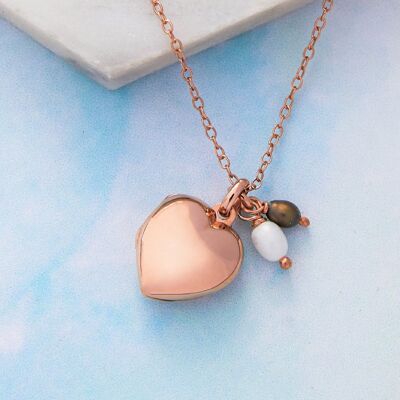 Rose Gold Heart Locket with Pearls - White & White - 18k Rose Gold Plated
