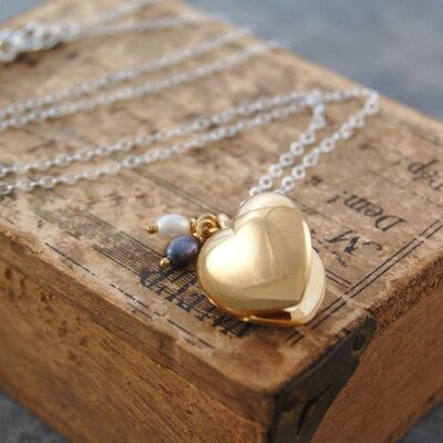 Gold Heart Locket Necklace with Pearls - White & White - Sterling Silver