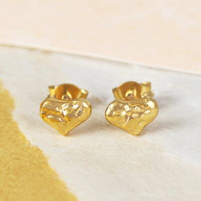 Textured Gold Plated Sterling Silver Heart Stud Earrings - Sterling Silver