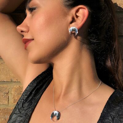 Swirl Silver Pendant Necklace - Pendant and Medium Stud Earrings Set