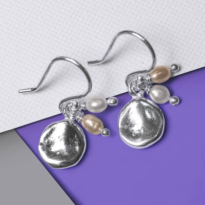 Organic Round Silver Pearl Drop Earrings - Drop Earrings & Pendant Set