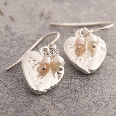 Organic Heart Pearl Drop Earrings with Black and White Pearls - Drop Earrings & Pendant Set - Pink & White Pearls