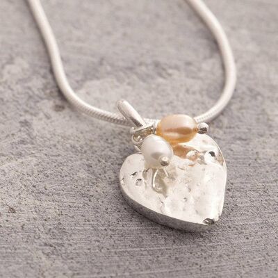 Collana con ciondolo cuore in argento organico - Orecchini pendenti - Perle bianche e nere