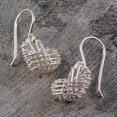 Woven Heart Silver Stud Earrings - Long Drop Earrings