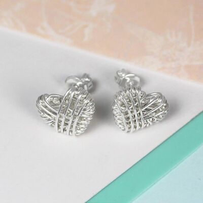 Woven Heart Silver Stud Earrings - Small Drop Earrings