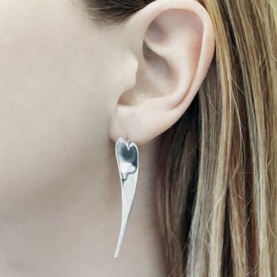 Large Curved Silver Heart Earrings - Large Drop Earring and Pendant Set Polished