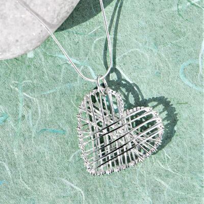 Woven Silver Heart Pendant Necklace - Small - Sterling Silver