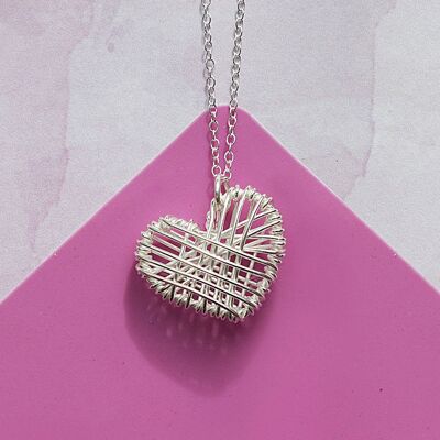 Woven Silver Heart Pendant Necklace - Large - Rose Gold