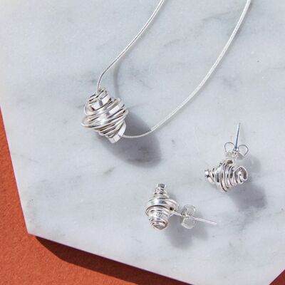 Coiled Silver Stud Earrings - Drop Earrings & Pendant Set