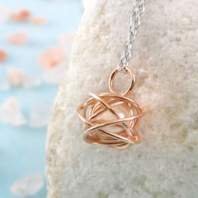 Caged Pearl Rose Gold Chain Necklace - Stud Earrings & Pendant Set