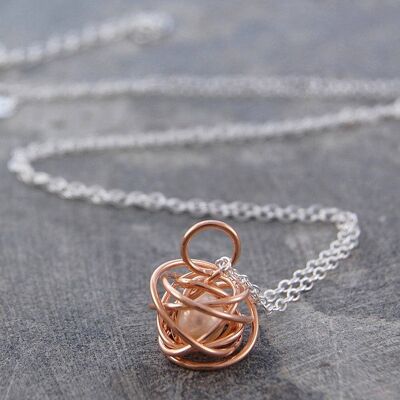 Caged Pearl Rose Gold Stud Earrings in White - Pendant Necklace