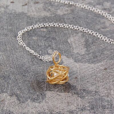 Caged Pearl Gold Knot Necklace in White - Pendant and Stud Earrings